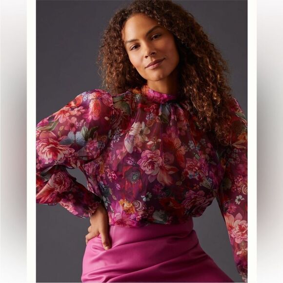Anthropologie Purlple pink chiffon blouse with flower print size small - Picture 1 of 14